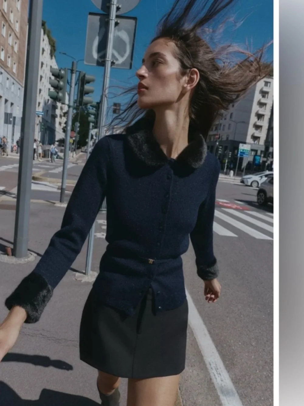 Zara Navy Coat with Black Faux-Fur Trim - Picture 3 of 9